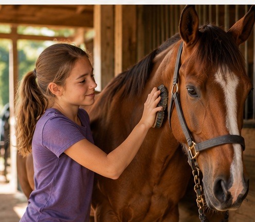 Jongere verzorgt een paard tijdens een praktijkgerichte leeractiviteit